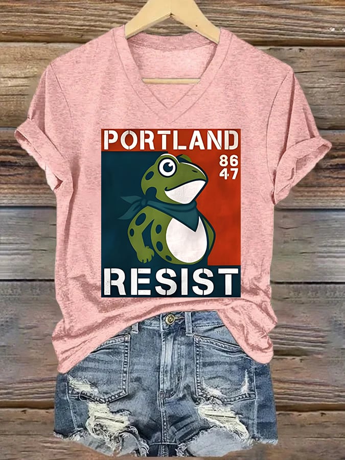 V-neck Women's  Portland Frog 8647 resist Print T-Shirt
