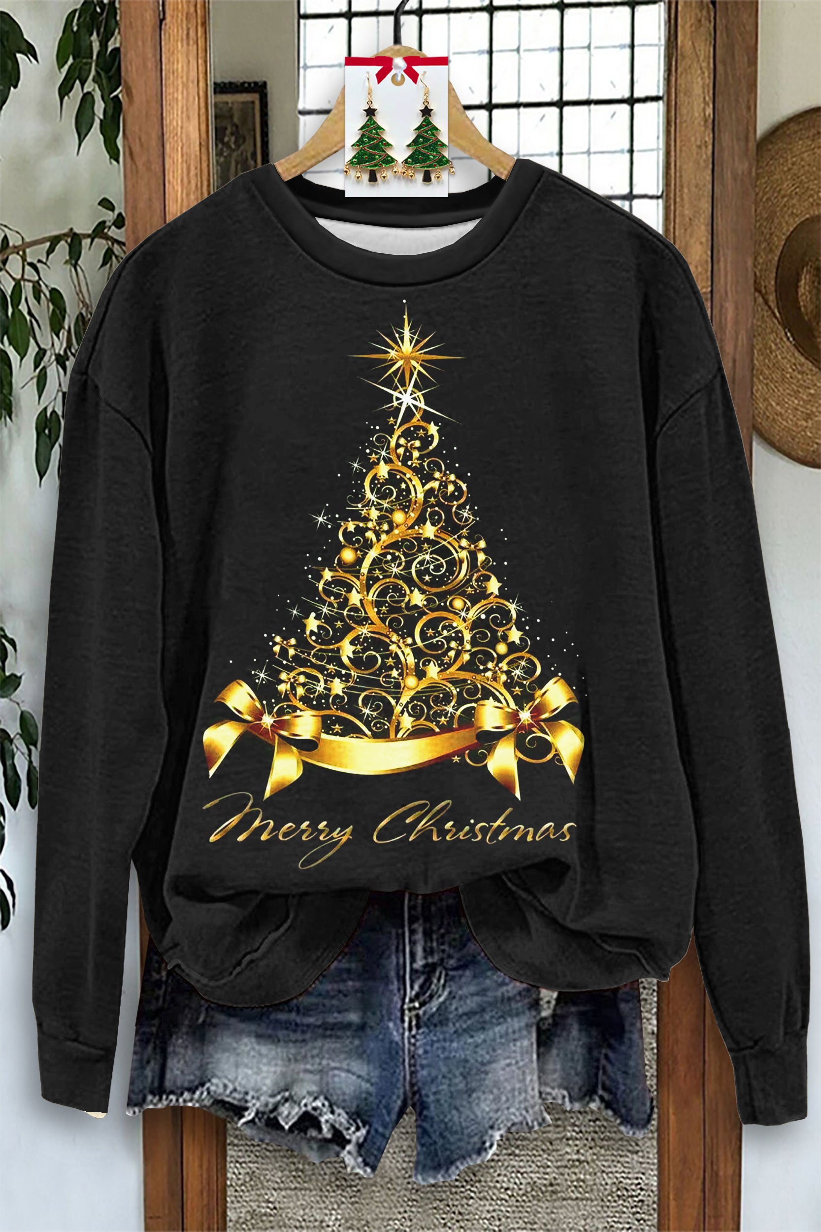Casual Glitter Christmas Tree Print Long Sleeve Top