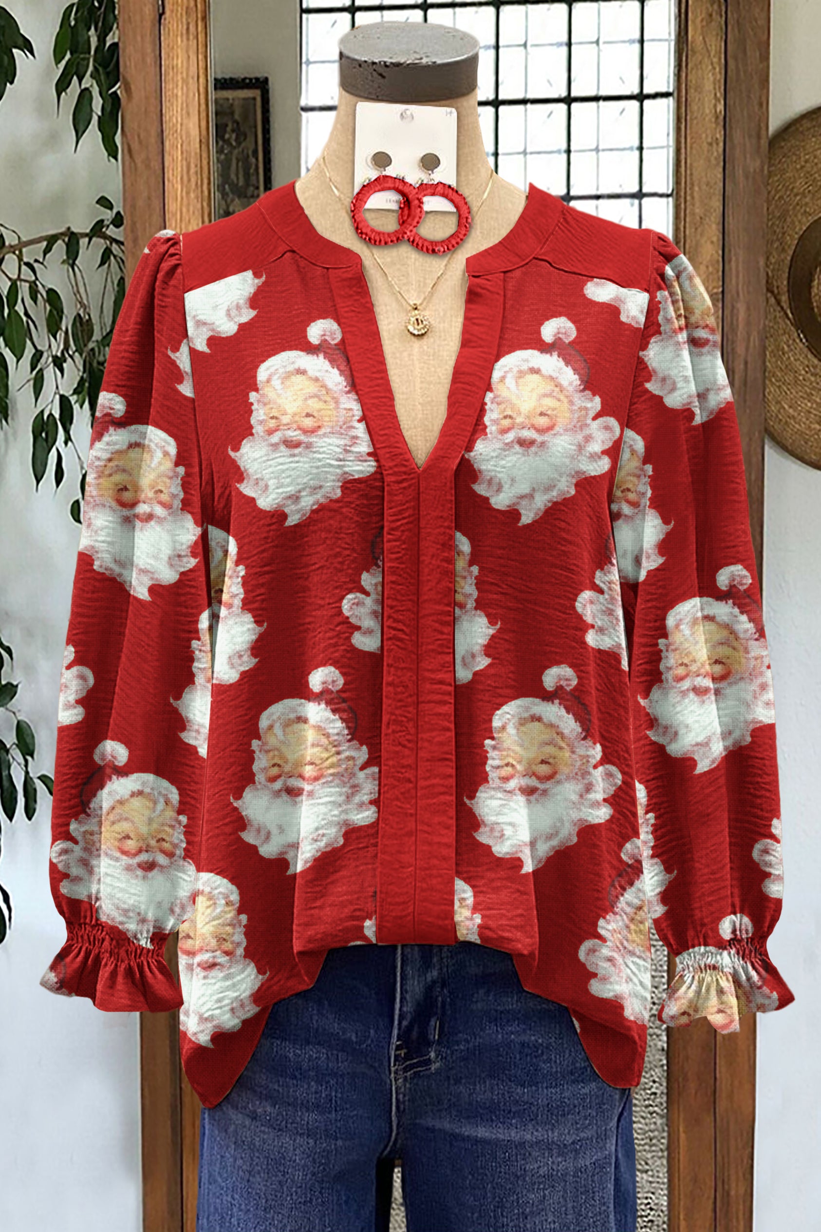 Vintage Christmas Santa Claus Print V-Neck Blouse