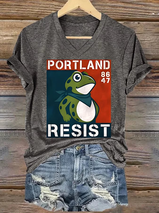 V-neck Women's  Portland Frog 8647 resist Print T-Shirt