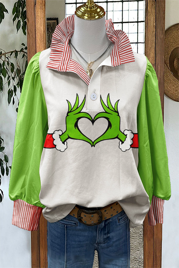 Funny Christmas Grinch Print Puff Sleeve Blouse