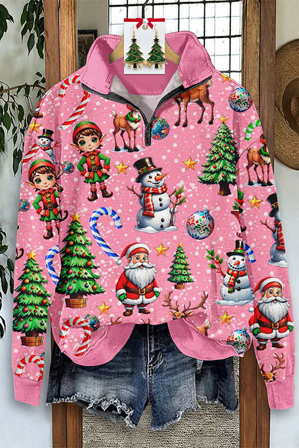 Retro Christmas Snowman Christmas Tree Print Zipper Sweatshirt