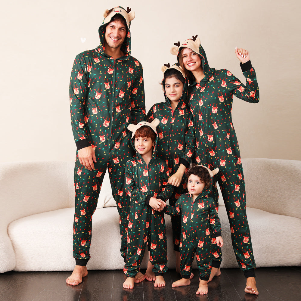Green Fox and Christmas Llight Bulb Matching Family Christmas Pajamas Onesies