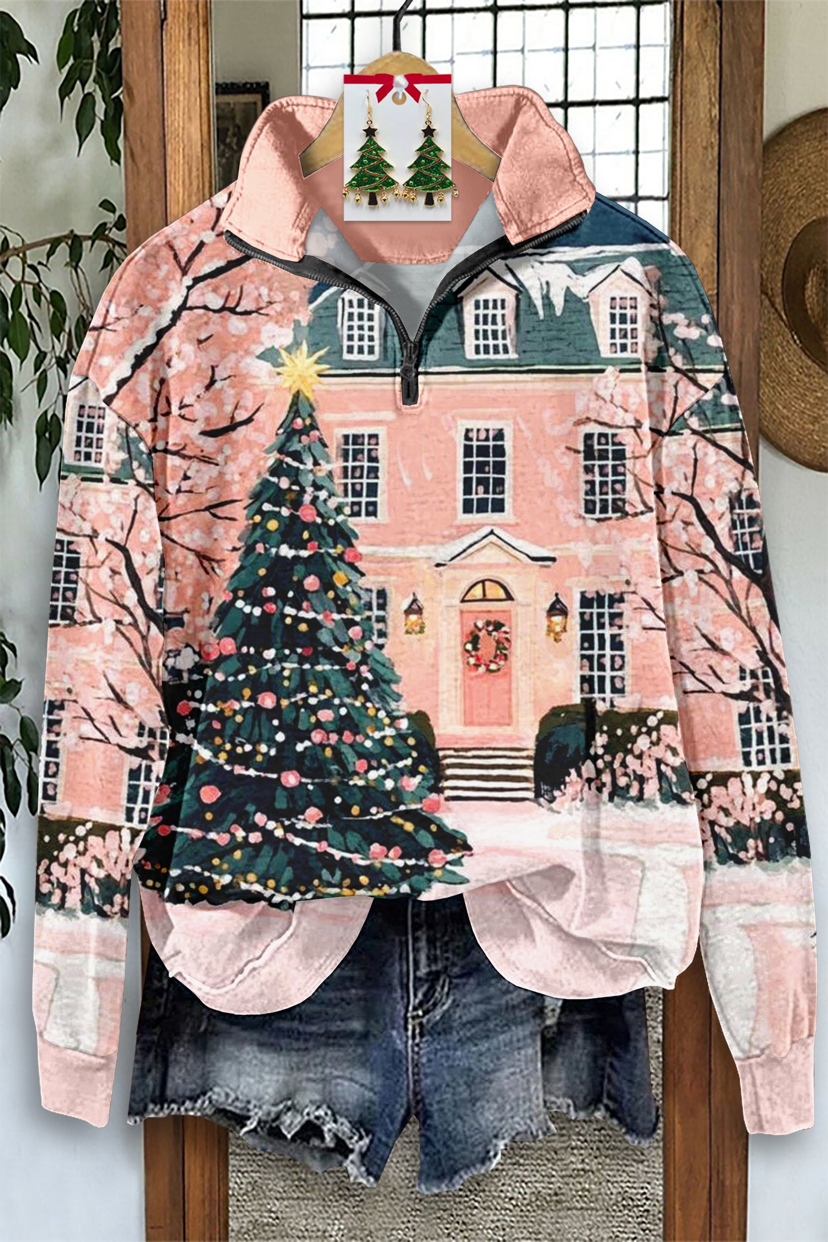 Vintage Christmas Tree Print Zip-Up Sweatshirt