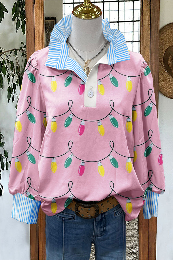 Sweet Christmas Lights Print Puff Sleeve Blouse