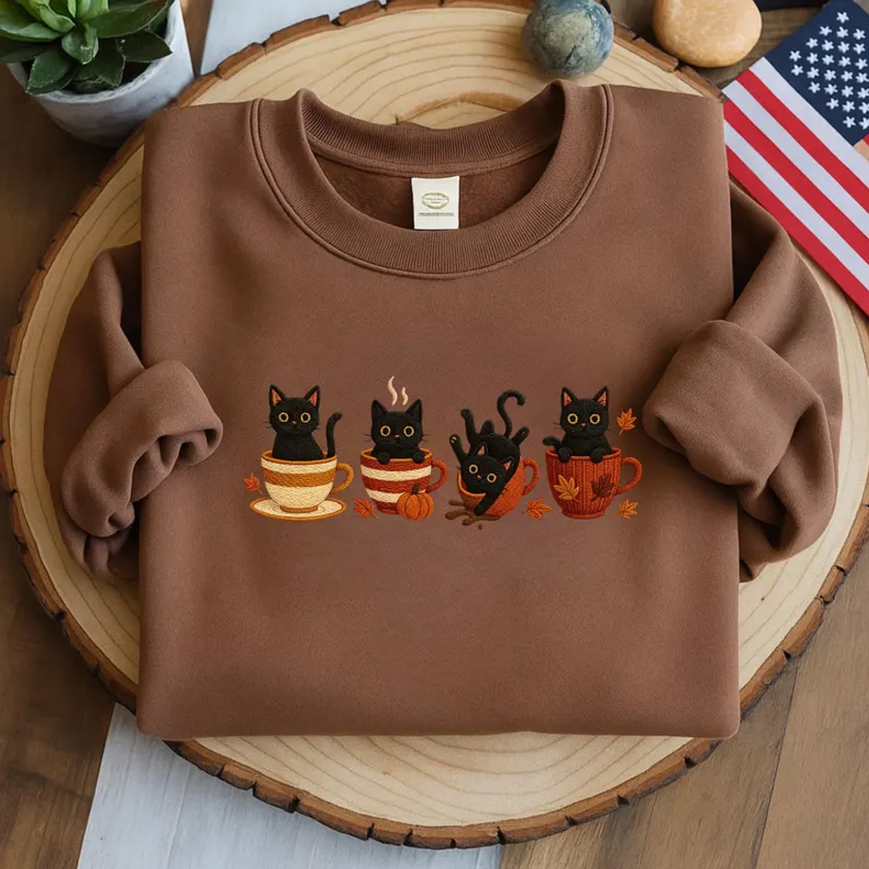Embroidered Halloween Black Cat Sweatshirt