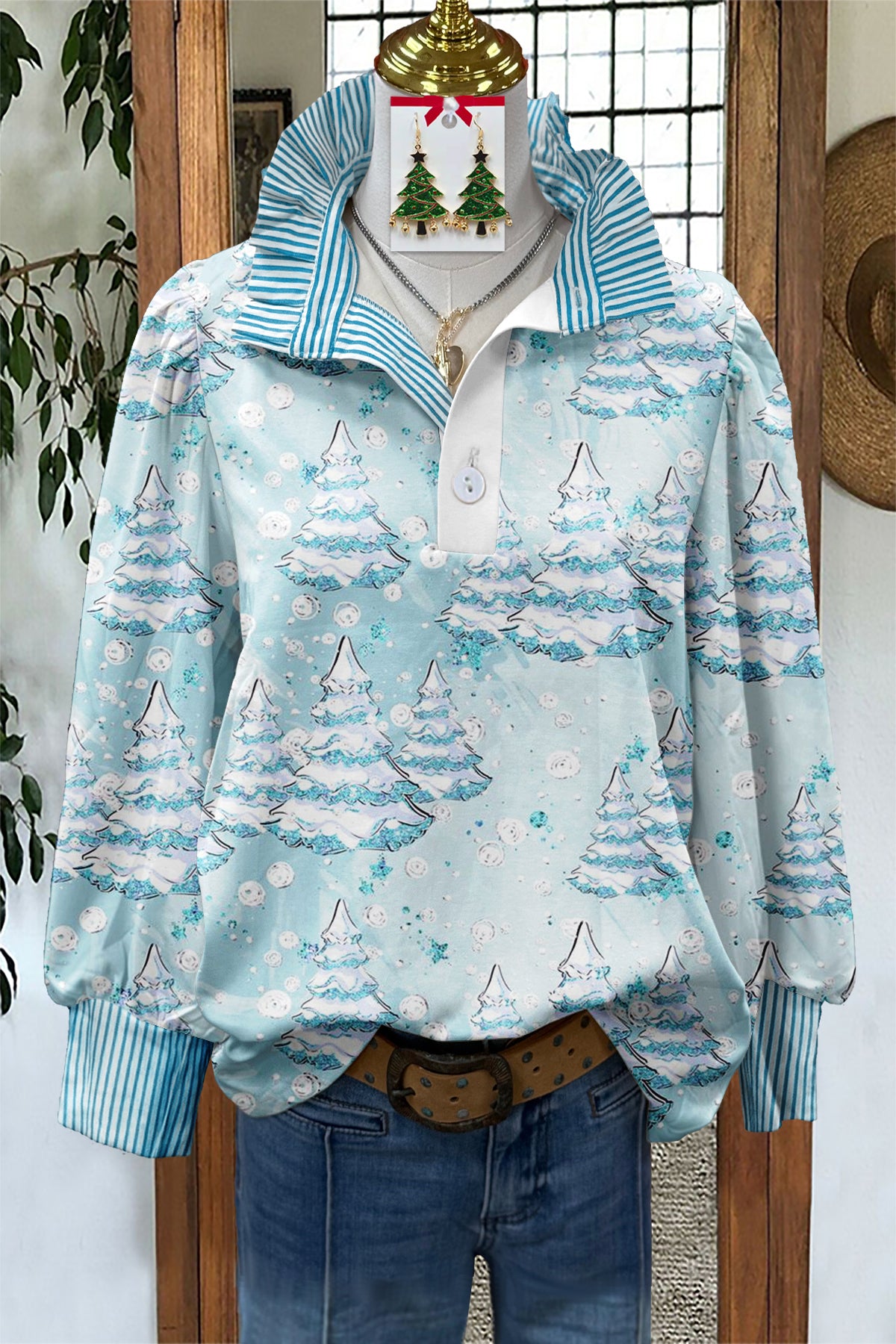 Simple Christmas Tree Print Stand Collar Blouse