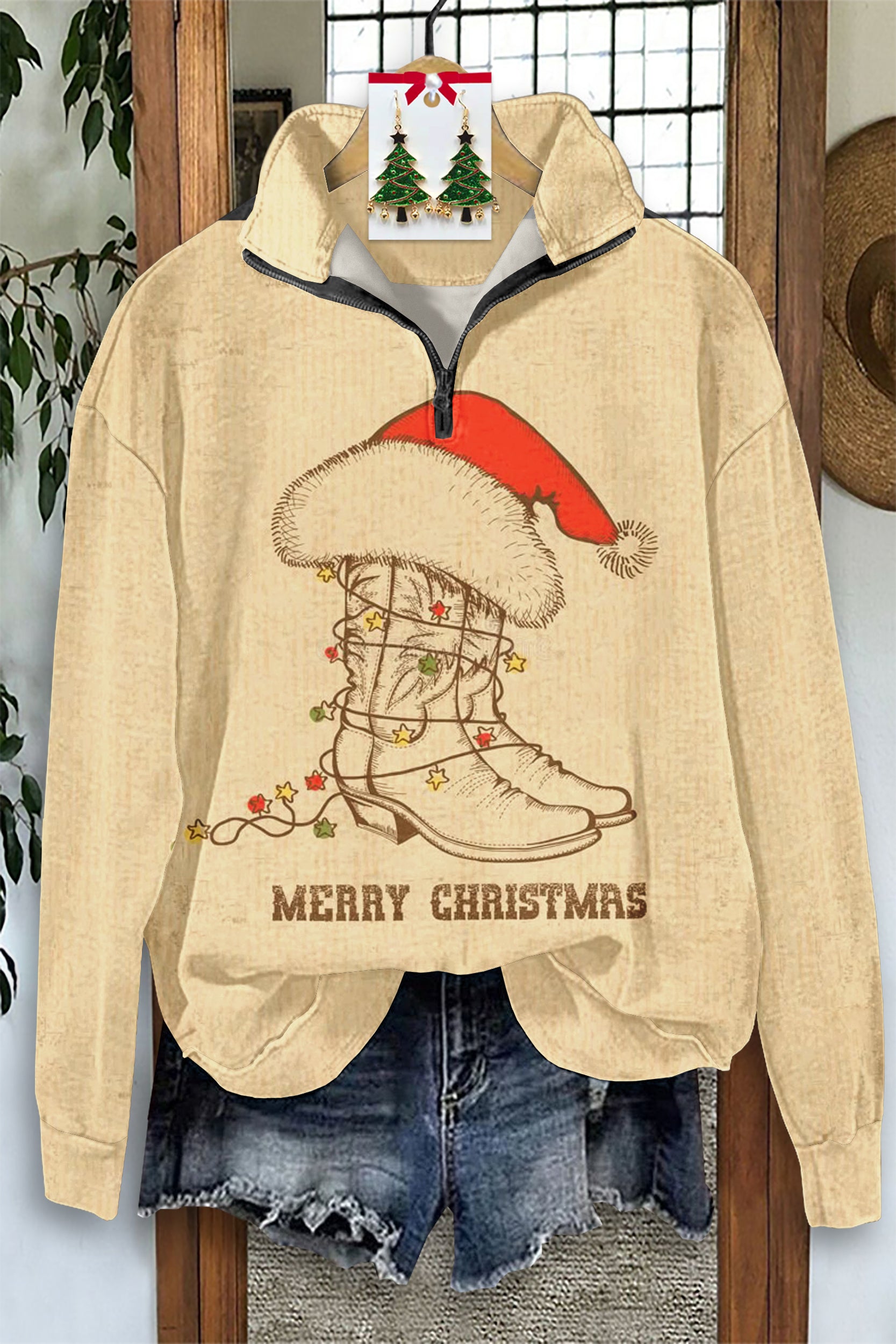 Christmas Boots Print Zip-Up Sweatshirt