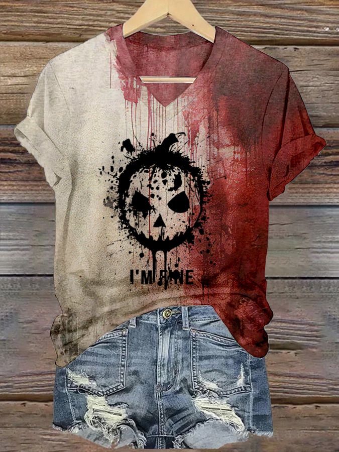 Women's I'm Fine Blood Splatter Bloody Pumpkin Halloween Graphic T-Shirt