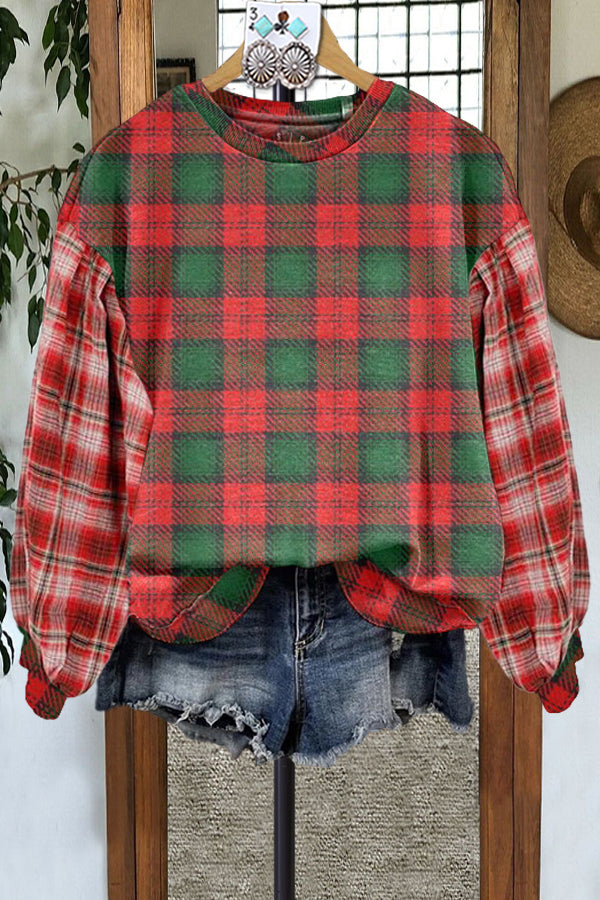 Vintage Contrast Plaid Print Sweatshirt