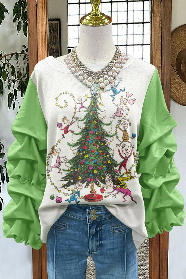 Cute Christmas Tree Print Pleated Sweatshirt
