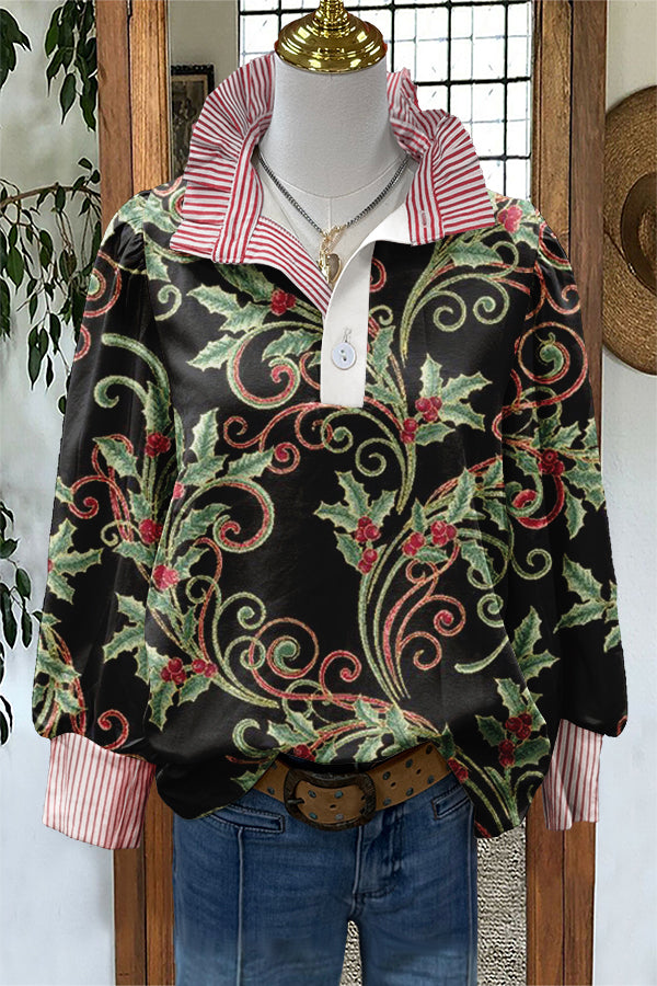 Classic Christmas Floral Print Puff Sleeve Blouse