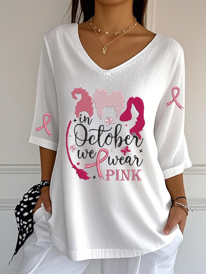 Women's Breast Cancer Witch Print  Casual V-Neck Top