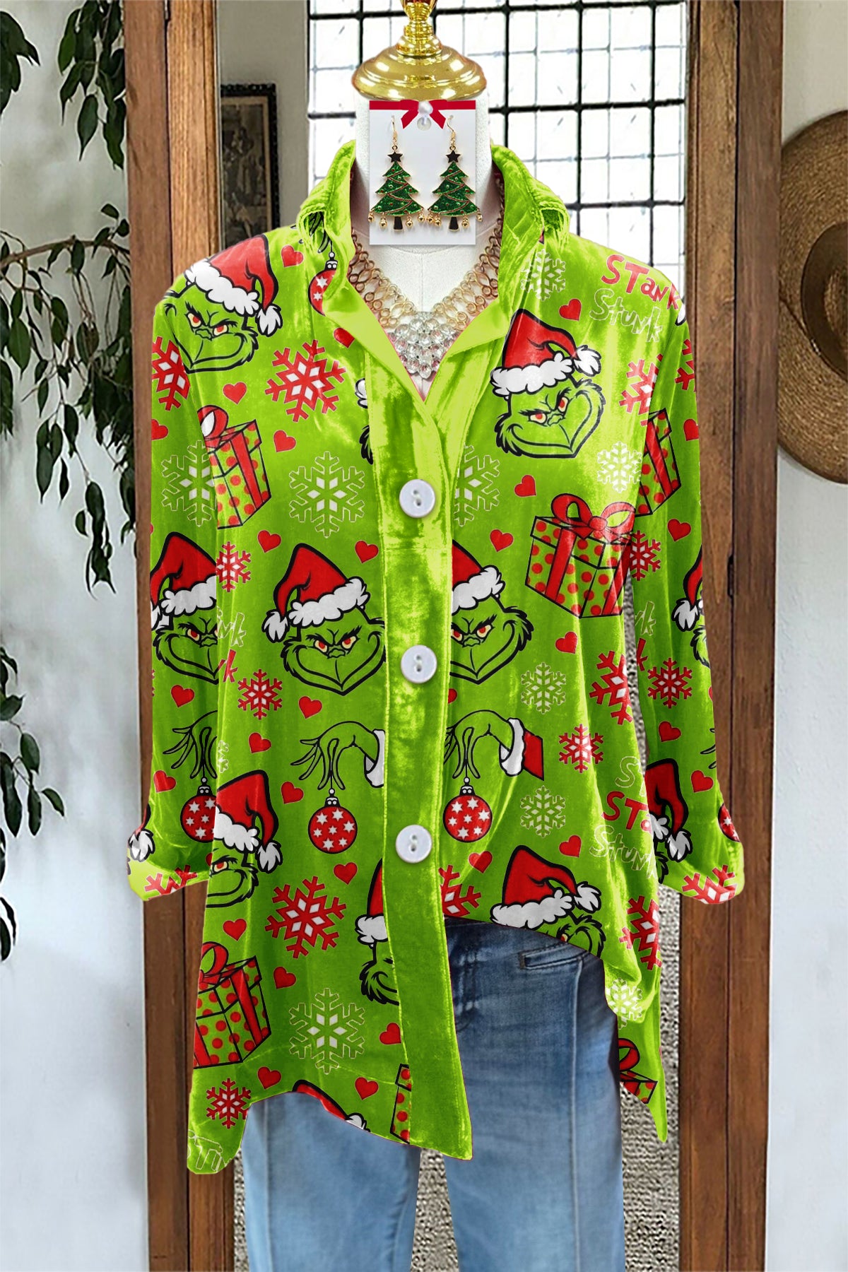 Classic Christmas Grinch Print Velvet Long Sleeve Top