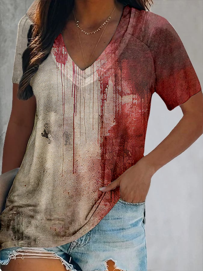 Women's Bloody Halloween Print V-Neck T-Shirt