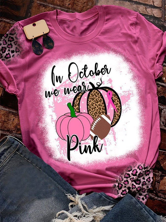 In October We Wear Pink Pumpkin Football Leopard Print T-Shirt