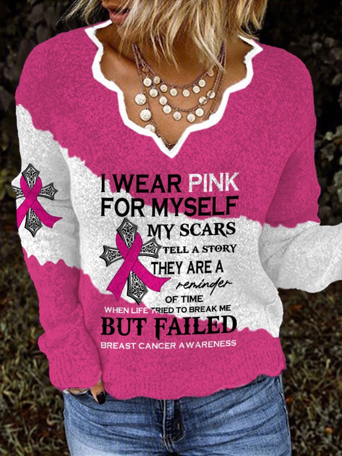 V-neck Faith Breast Cancer Awareness I Wear Pink For Myself Print Knit Tops