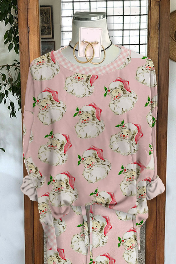 Casual Santa Paneled Plaid Print Pajama Blouses
