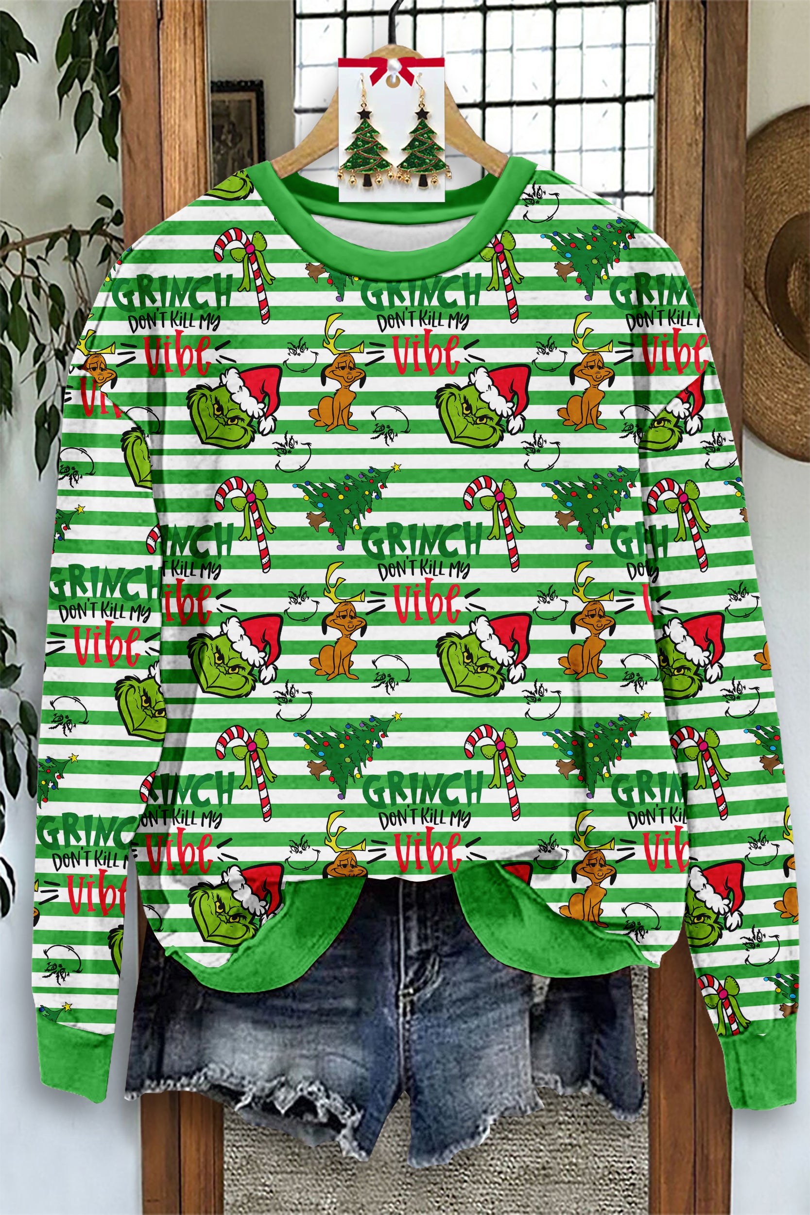 Classic Christmas Grinch Stripe Print Sweatshirt