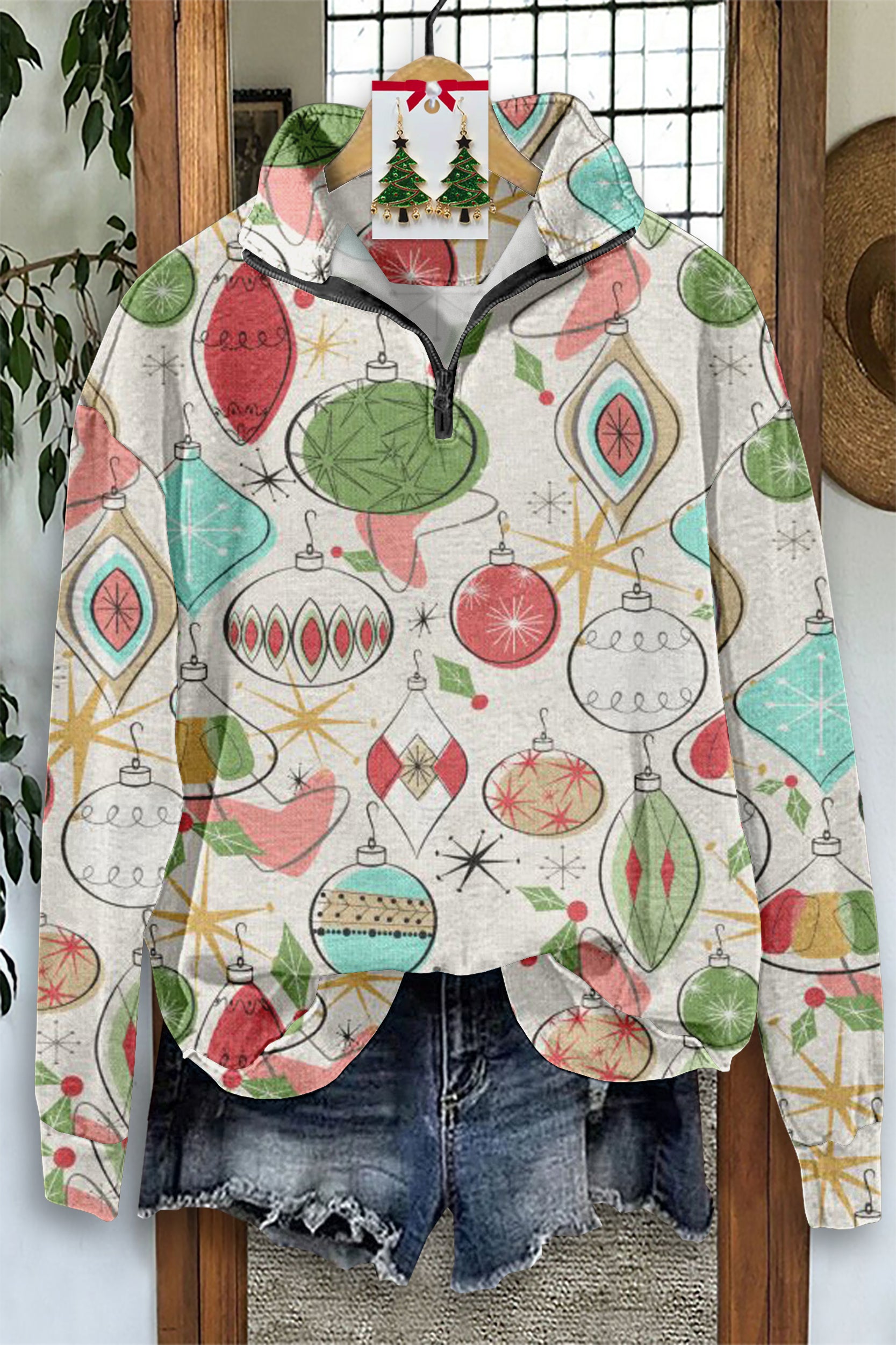 Vintage Christmas Print Zip-Up Sweatshirt