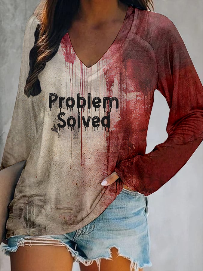 Women's Bloody Problem Solved Halloween Print V-Neck T-Shirt