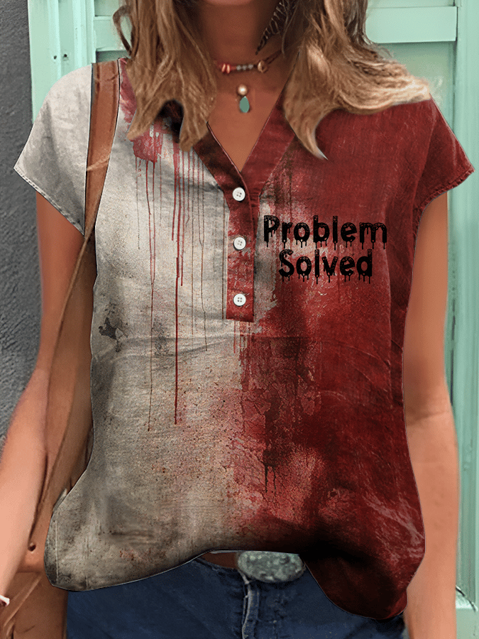 Women's Bloody Problem Solved Halloween Print Shirt