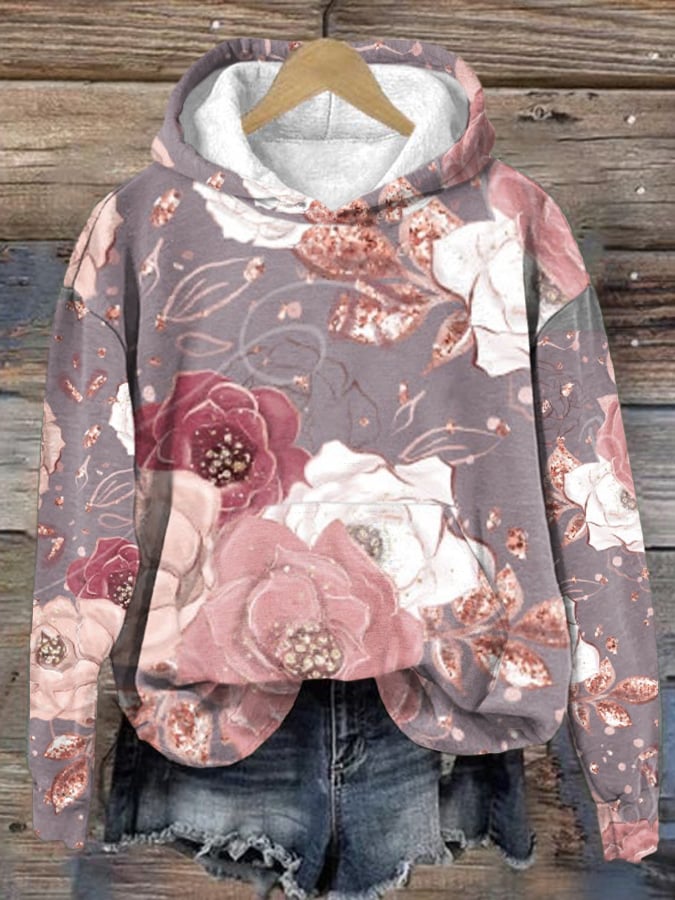 Women's Breast Cancer Flower Print Casual Round Neck Sweatshirt