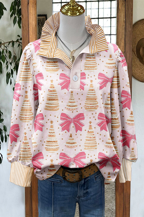 Christmas Tree Bow Striped Blouse