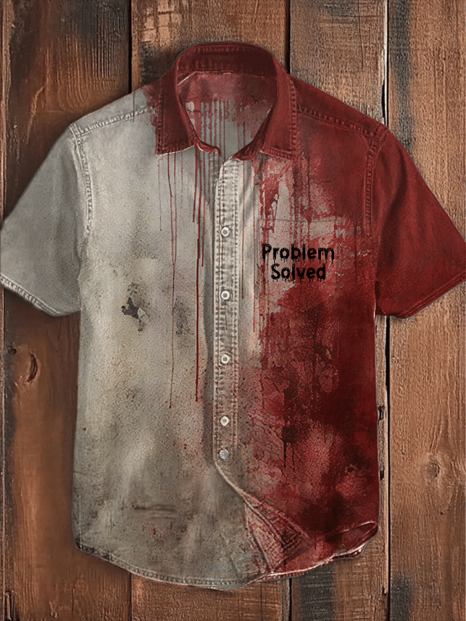 Men's Bloody Problem Solved Halloween Print Casual Pocket Short Sleeve Shirt