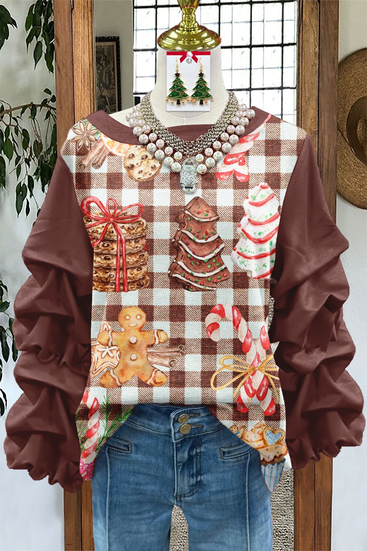Cute Christmas Gingerbread Man Printed Pleated Sweatshirt
