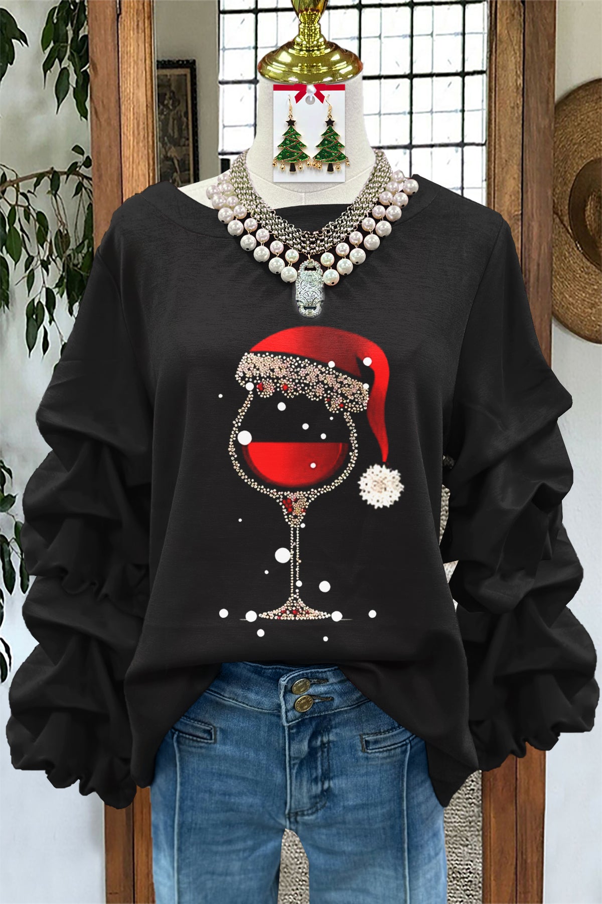 Classic Christmas Wine Glass Print Pleated Sweatshirt