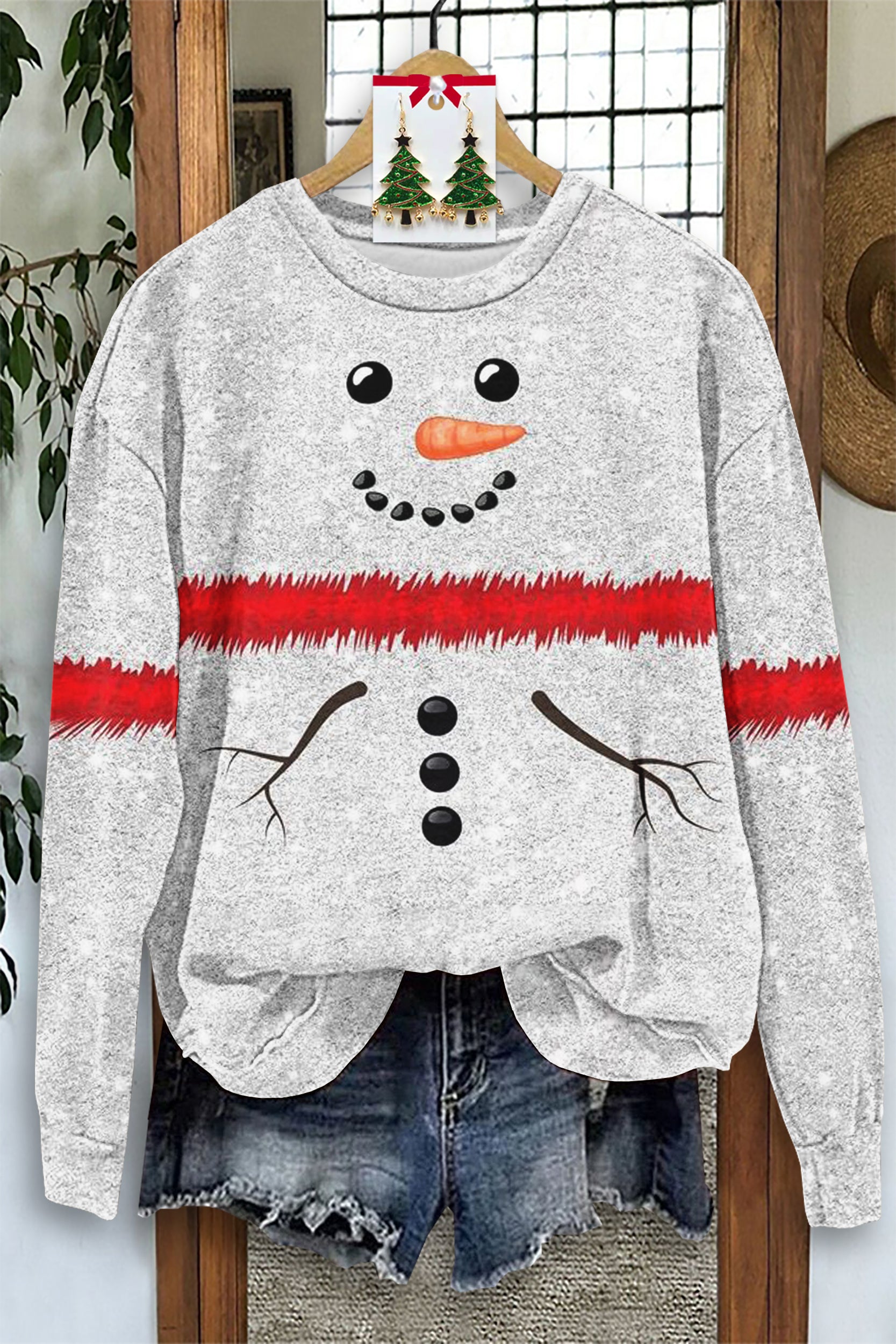 Cute Christmas Snowman Print Long Sleeve Sweatshirt