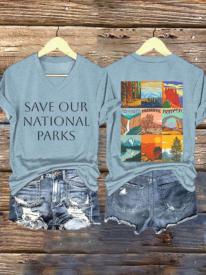 V-neck Retro Save Our National Parks Protect, Preserve, Explore Print T-Shirt