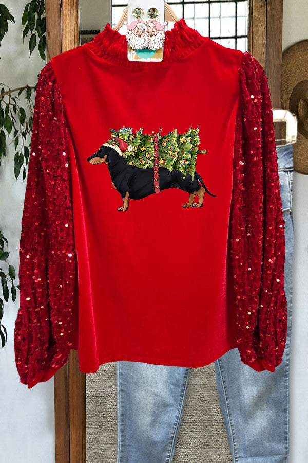 Classic Sparkle Panel Velvet Christmas Dachshund Top