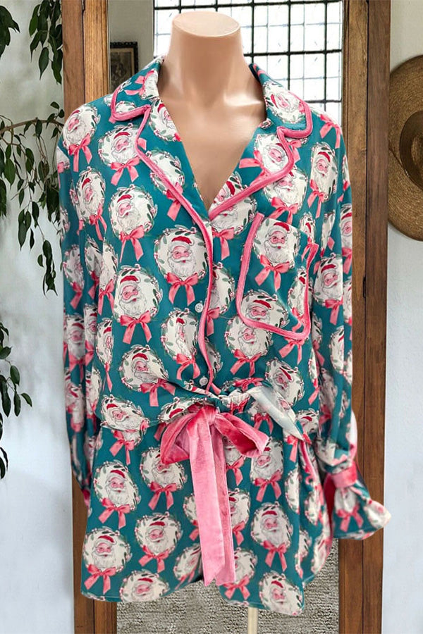 Velvet Trim Santa Print Pajama Set