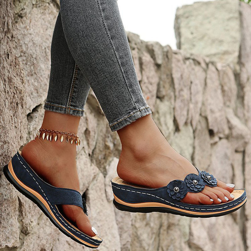 Flower Wedge Thong Slippers