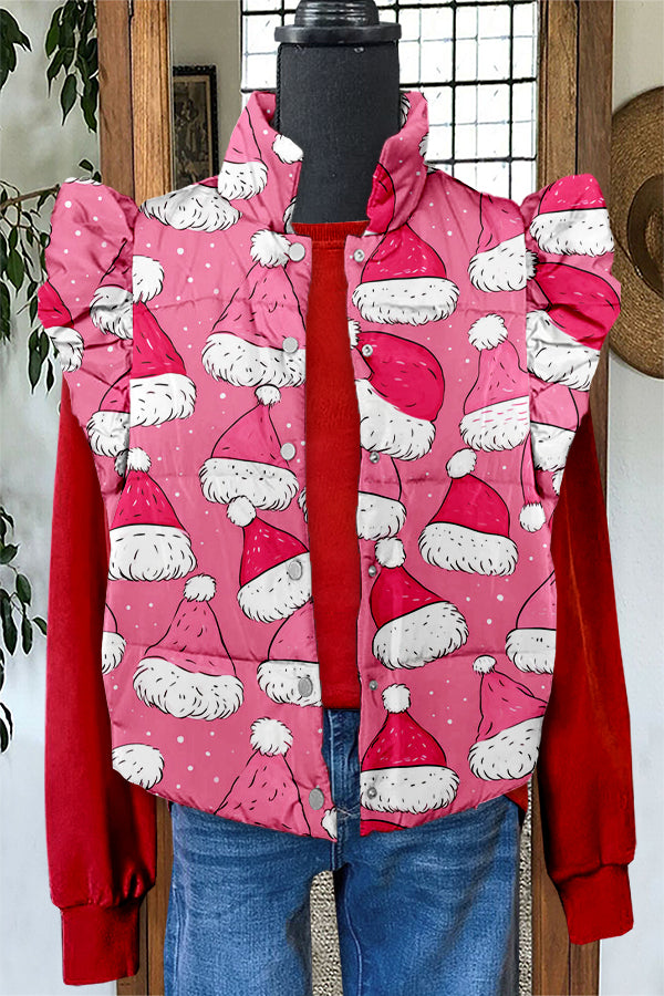 Sweet Christmas Santa Hat Print Ruffle Vest