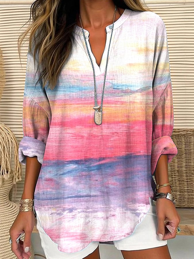 Women's Breast Cancer Printed Linen Shirt