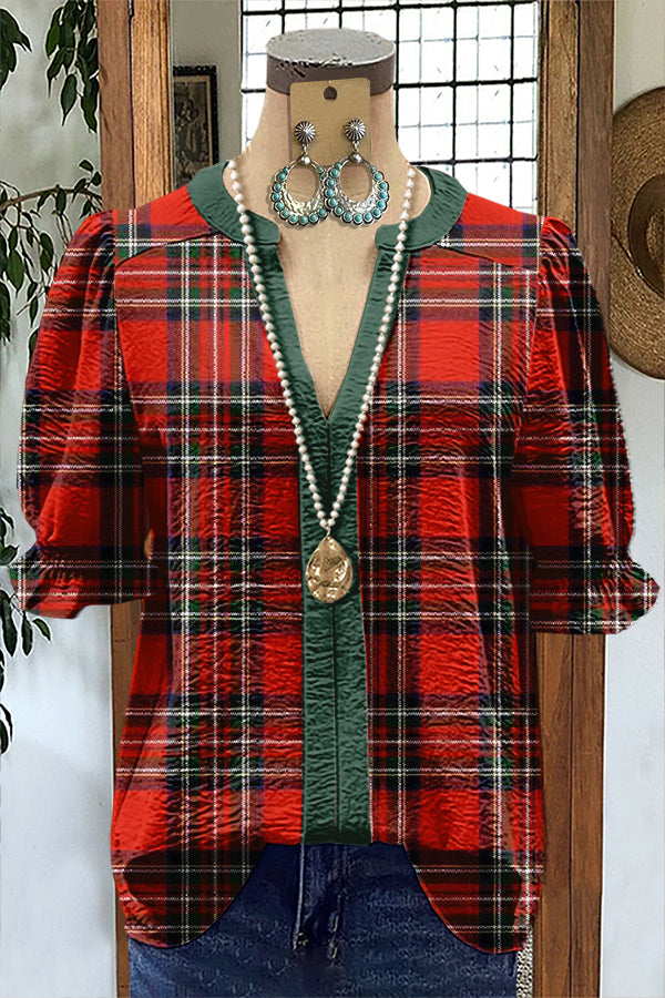 Classic Red Christmas Plaid Puff Sleeve Blouse