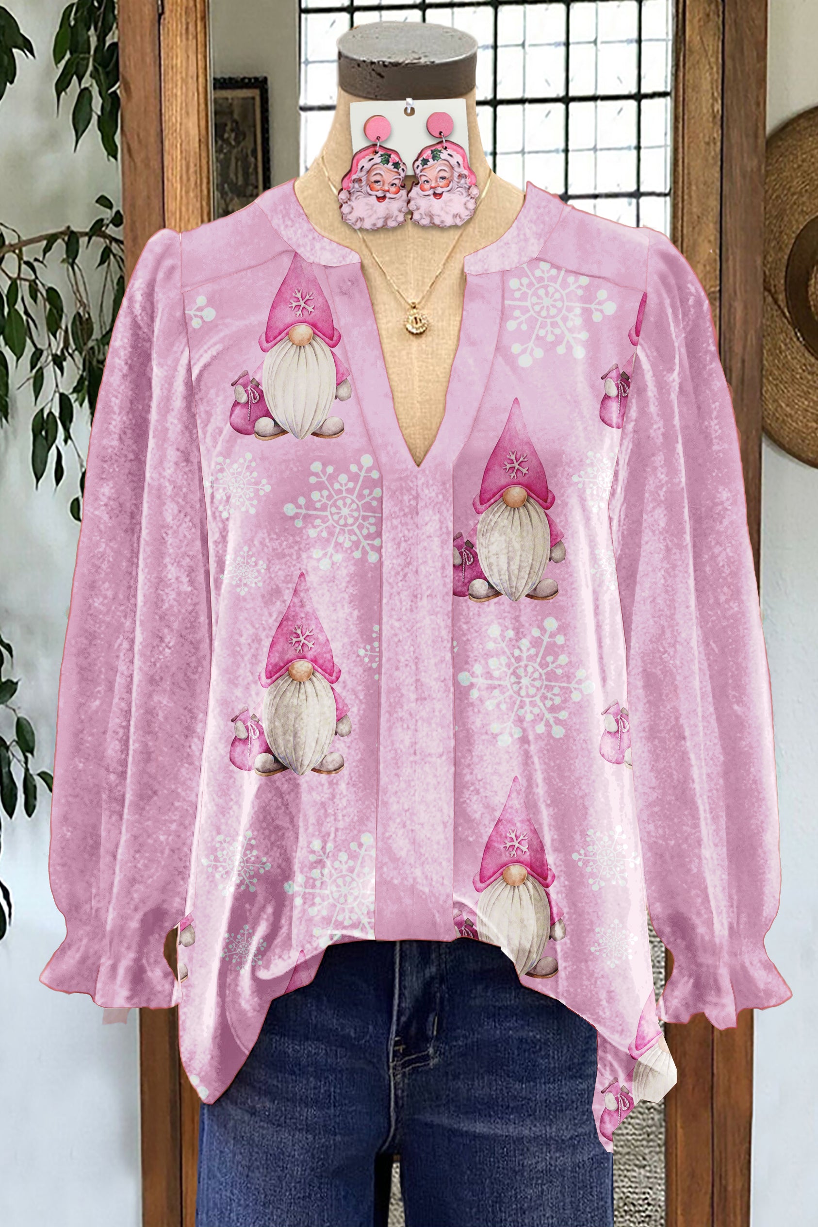 Sweet Santa Print Velvet Blouse