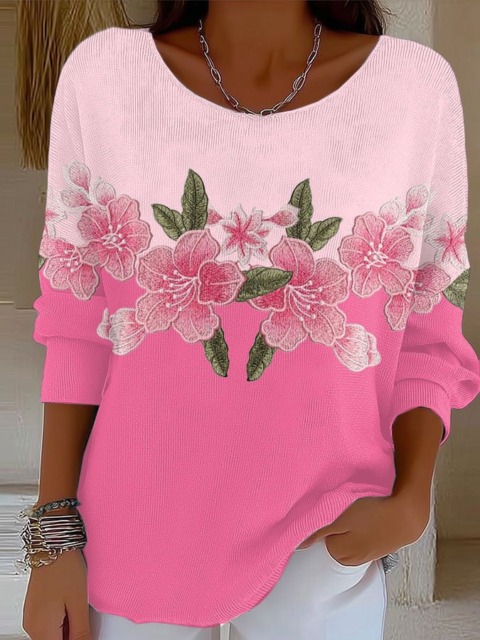 Women's Retro Pink Floral Gradient Art Print Sweater