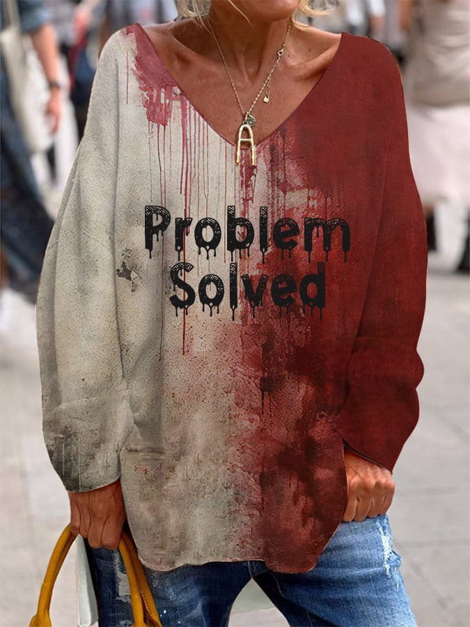 Women's Halloween Problem Solved Print French Velvet V-Neck Top