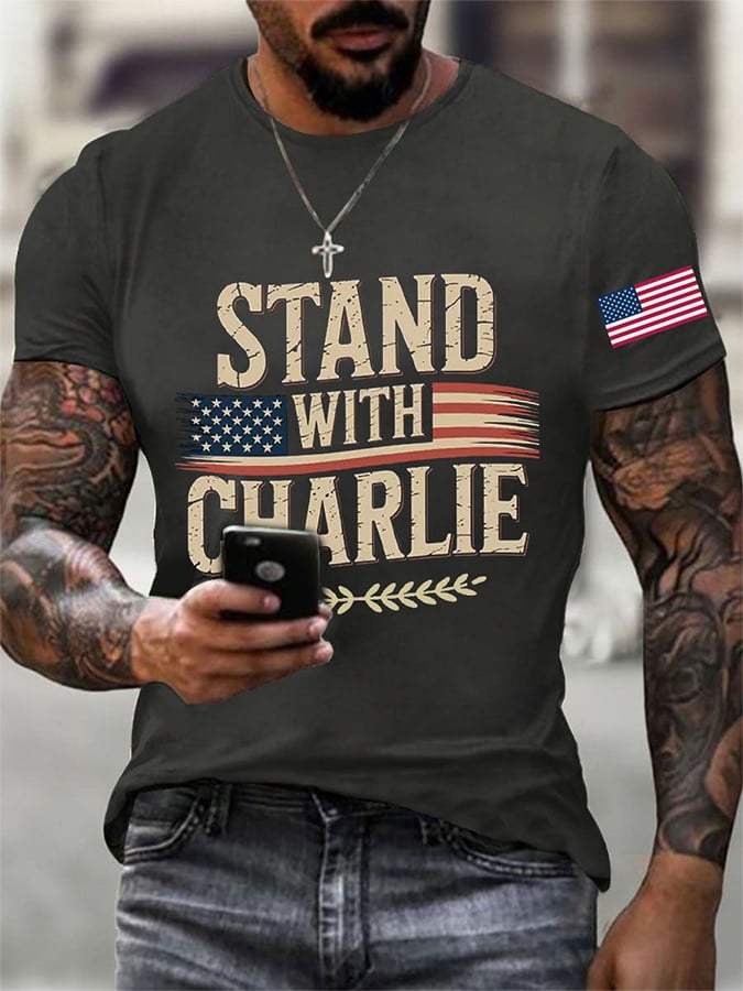 Men's Stand With Charlie Kirk  Print Round Neck T-Shirt