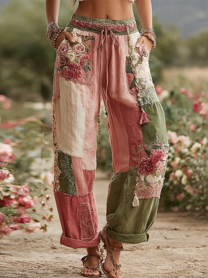 Women's Vintage Pink Rose Art Patchwork Linen Pants