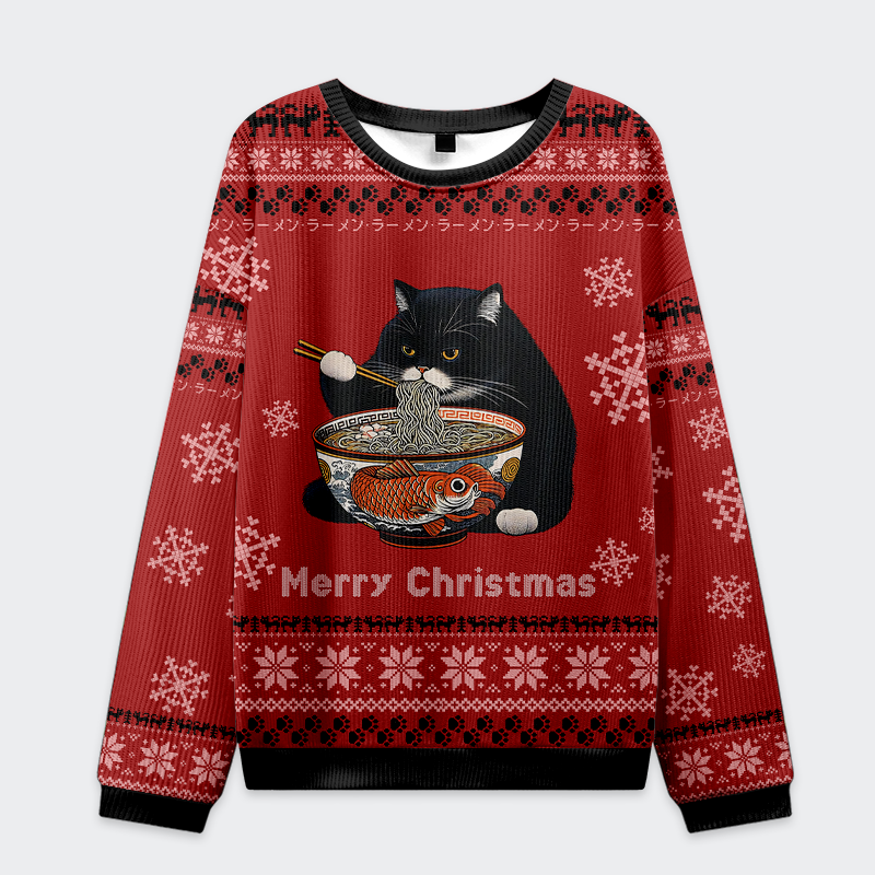 Tokyo-Tiger Fat Cat Eating Ramen Christmas Ugly Sweatshirt