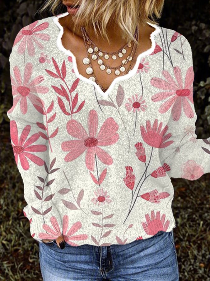 Women's Breast Cancer Flower Print Lace Collar Sweater