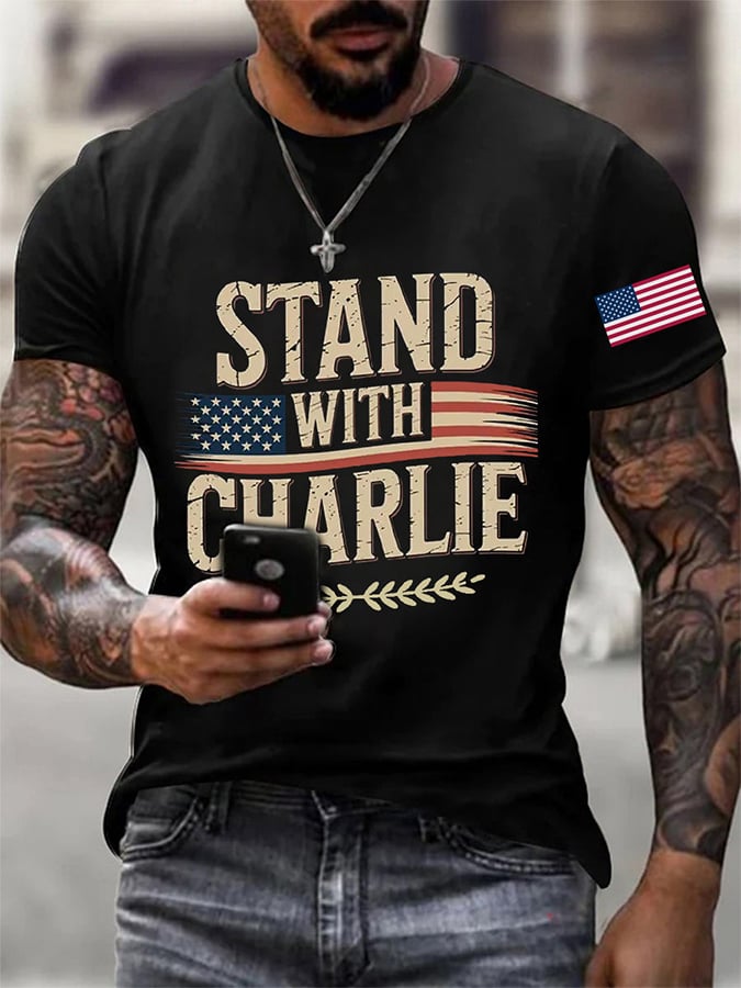 Men's Stand With Charlie Kirk  Print Round Neck T-Shirt