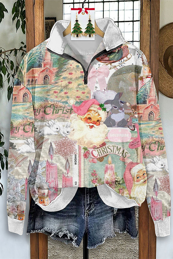 Vintage Santa Print Zip-Up Sweatshirt