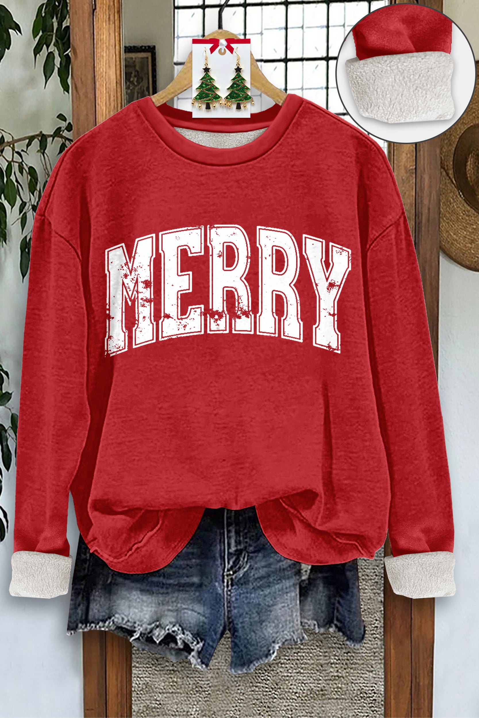 Merry Christmas Print Thick Fleece Sweatshirt