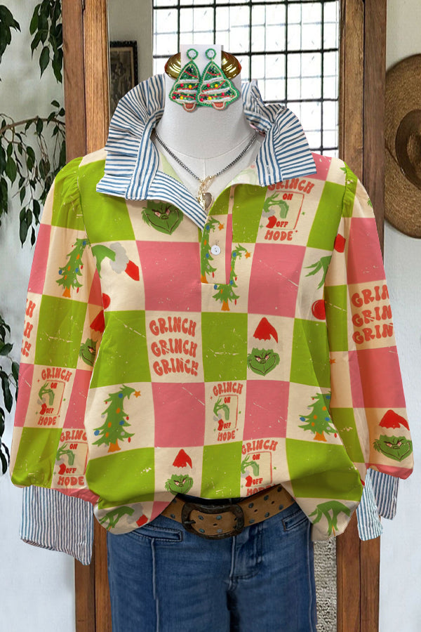 Elegant Striped Contrast Grinch Print Blouse
